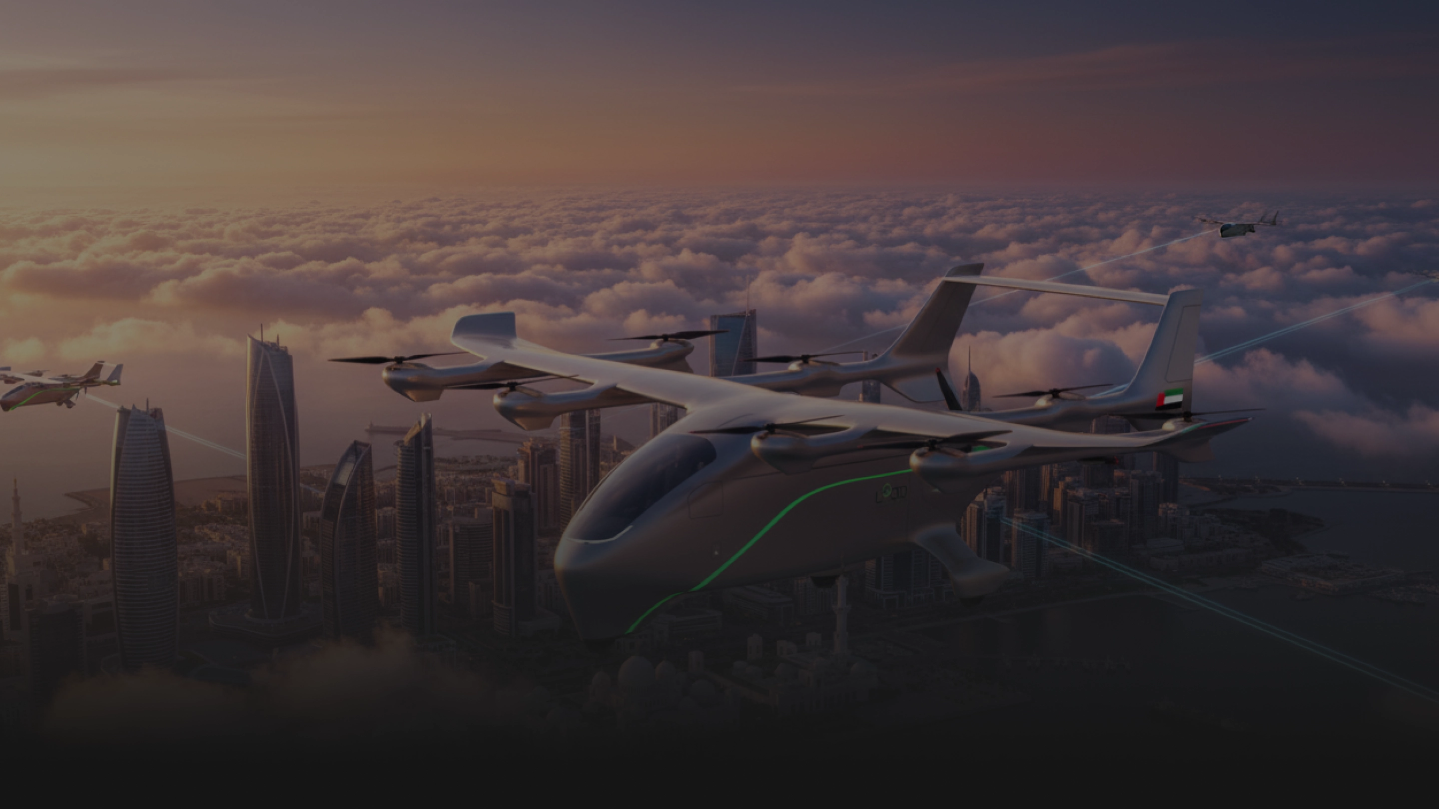 Hili aircraft flying over city skyline at sunset